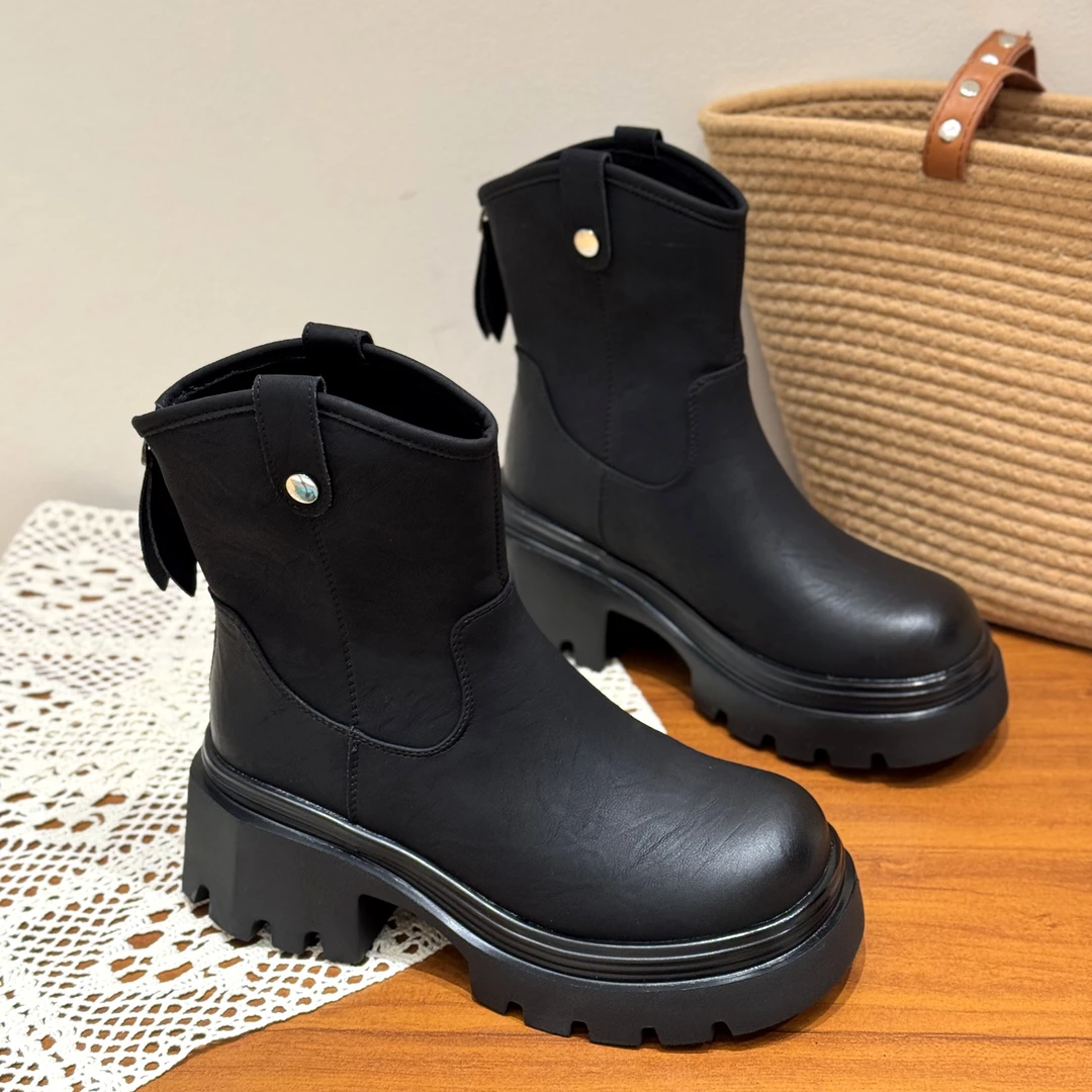 韩版松糕厚底小个子甜酷短靴女2025新款冬复古洋气百搭时髦机车靴