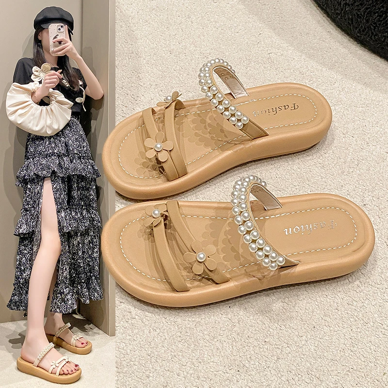 法式珍珠平底凉拖鞋女外穿2025夏季新款时尚孕妇拖鞋女35码沙滩鞋