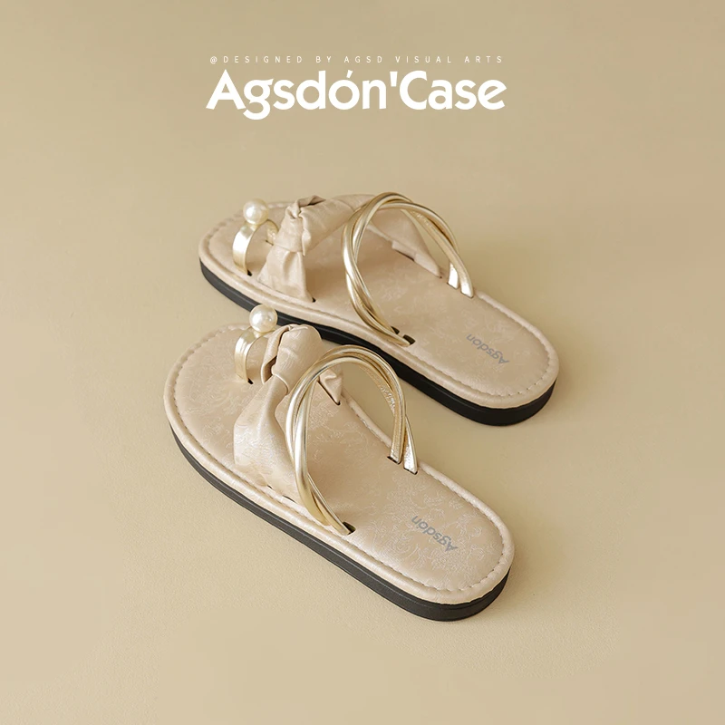 奥古狮登拖鞋女2025新款夏季法式小凉拖外穿平底珍珠夹趾沙滩鞋H