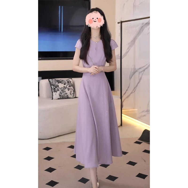 气质漂亮连衣裙女爆款2025年夏季新款高级感圆领短袖纯色长裙子