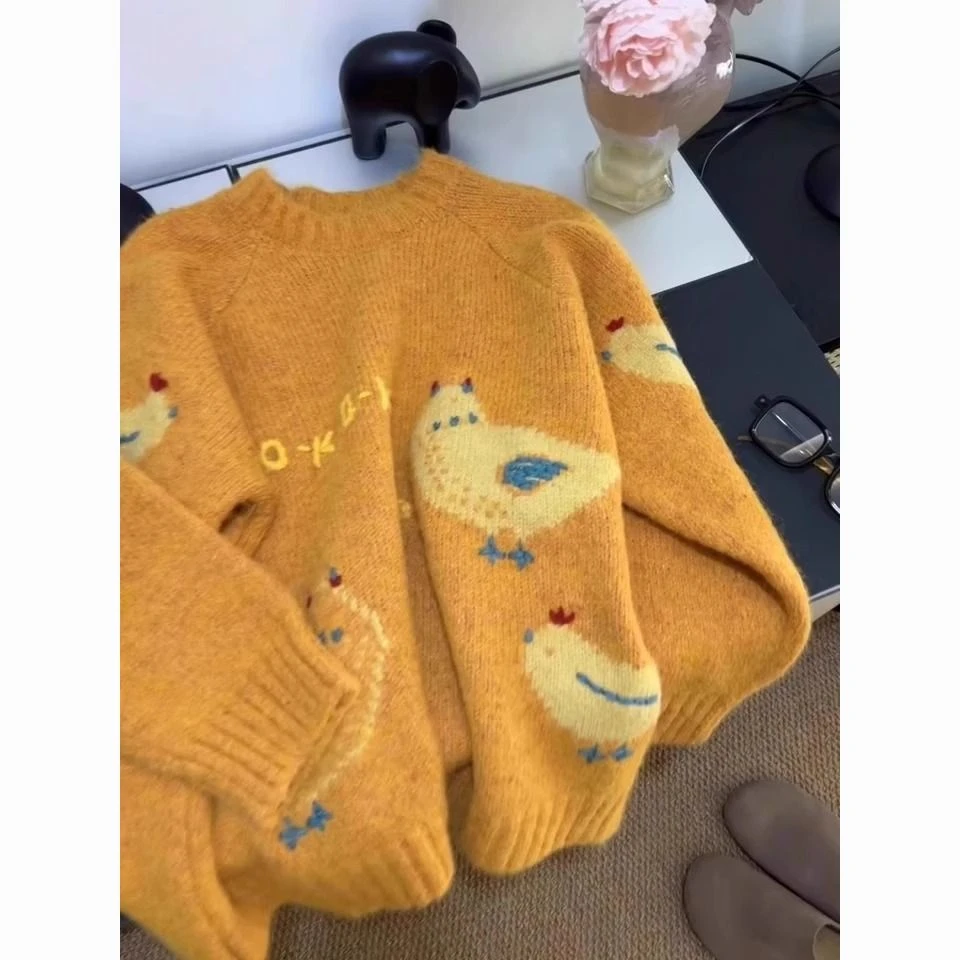 【橘色毛衣】毛针织衫女春秋新款慵懒风圆领毛衣时尚百搭冬季套头衫