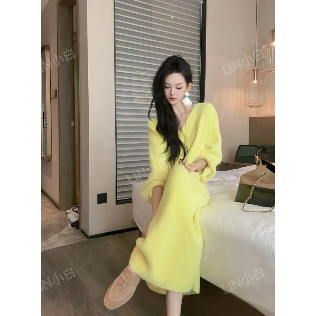 LIN小白 秋冬水貂绒慵懒风软糯中长款连衣裙50036