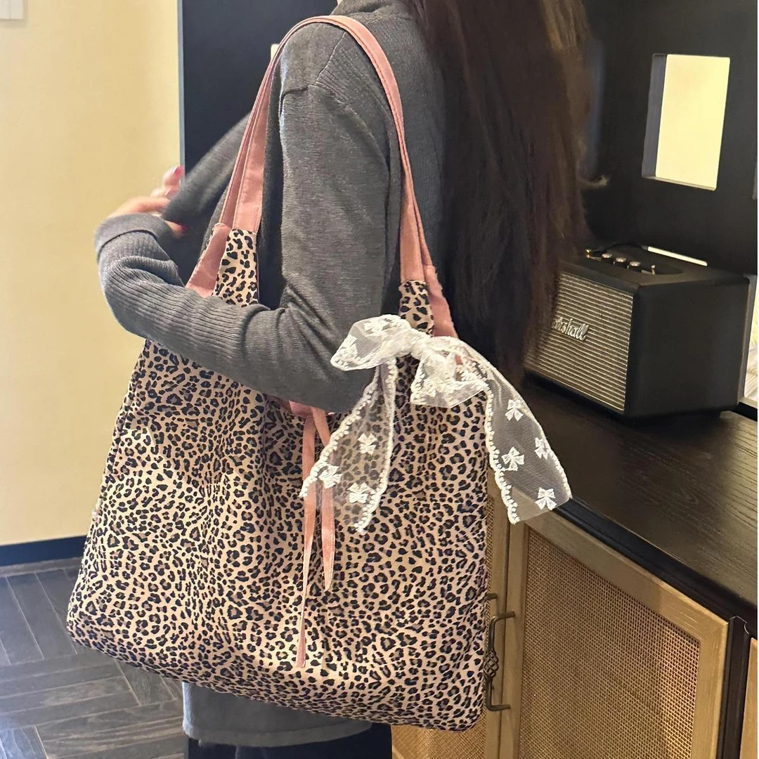 ZY新款豹纹通勤包布包大容量休闲上课通勤旅行购物袋单肩百搭女包