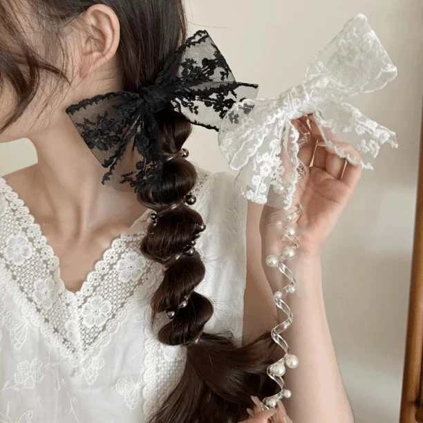 蕾丝蝴蝶结珠珠电话线发圈2025新款发绳女懒人泡泡辫编发神器头绳