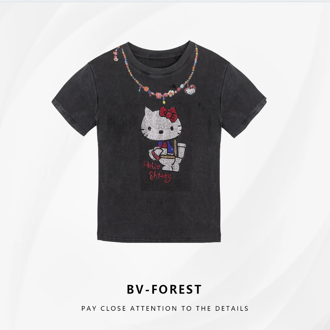 BV-FOREST“冷萃茉莉”烫钻项链印花甜酷圆领90棉女上衣T恤BV-T022