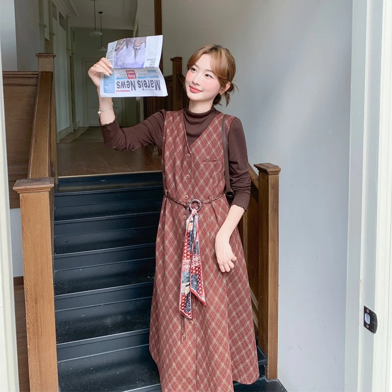 复古通勤风格子背心裙打底衫2025春秋新款小众ins风松弛感套装裙