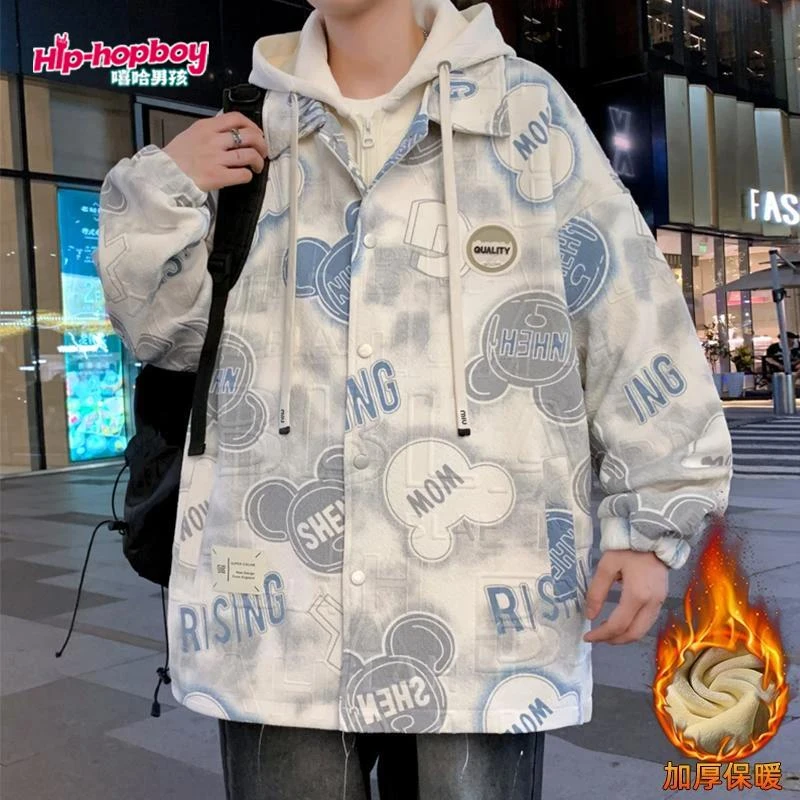 嘻哈男孩假两件连帽外套男生秋冬款加绒加厚夹克春秋季青少年褂子