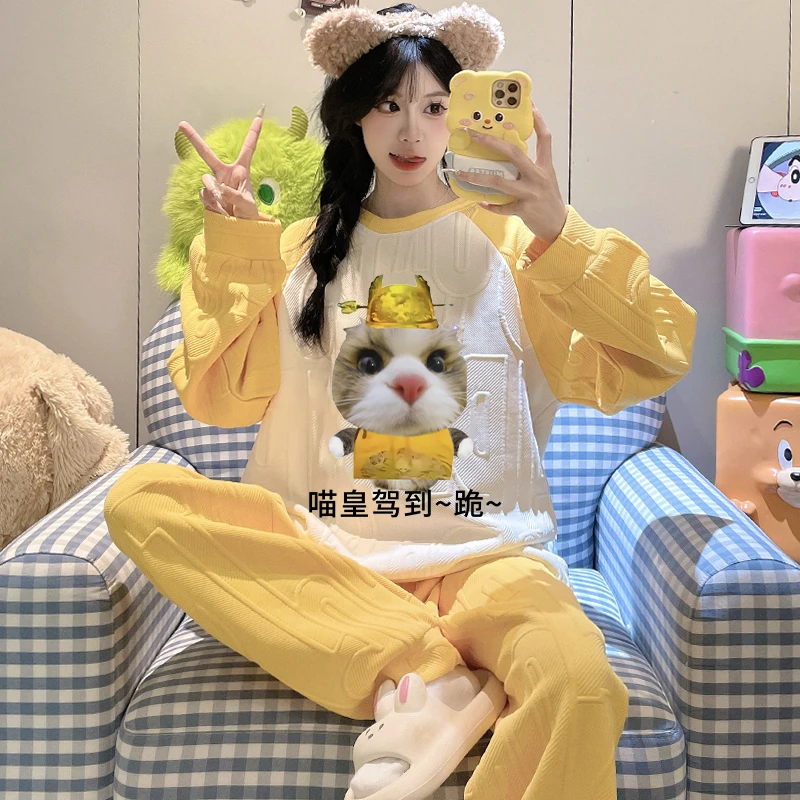 抽象搞怪猫咪女童睡衣儿童秋冬季长袖夹层空气棉中大童女孩家居服