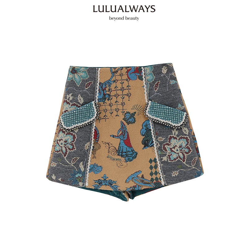 LULUALWAYS【商场同款】法式拼接撞色提花显瘦休闲短裤设计感裤裙
