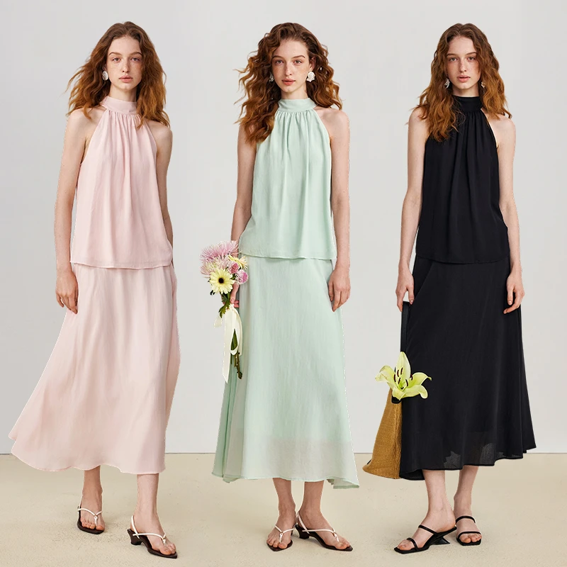 AEL原创度假风天丝时尚套装2025气质无袖挂脖上衣半身背心连衣裙