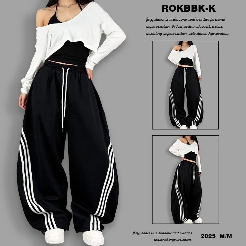 ROKBBK－K/布韩美式运动风黑色条纹阔腿裤女宽松直筒休闲裤显瘦