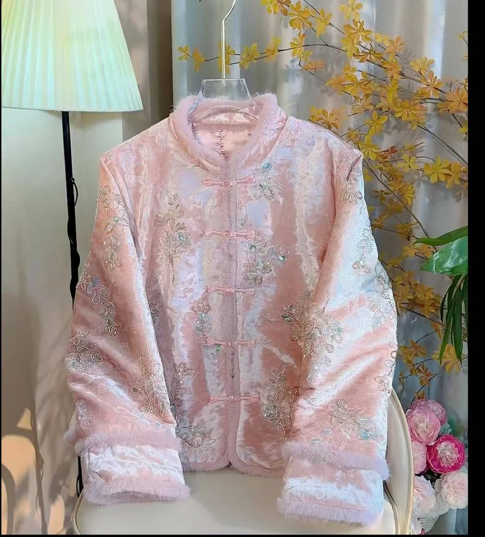 苏绣冬季丝绒刺绣串珠亮片超好看年轻款加棉外套2025年棉衣935