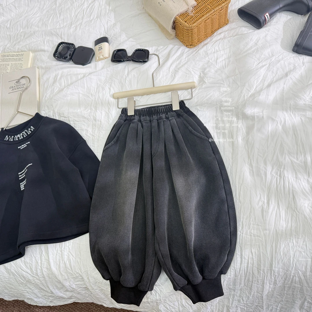 05小马家2025冬款儿童加绒一体绒休闲牛仔裤D-7261松紧脚口裤百搭