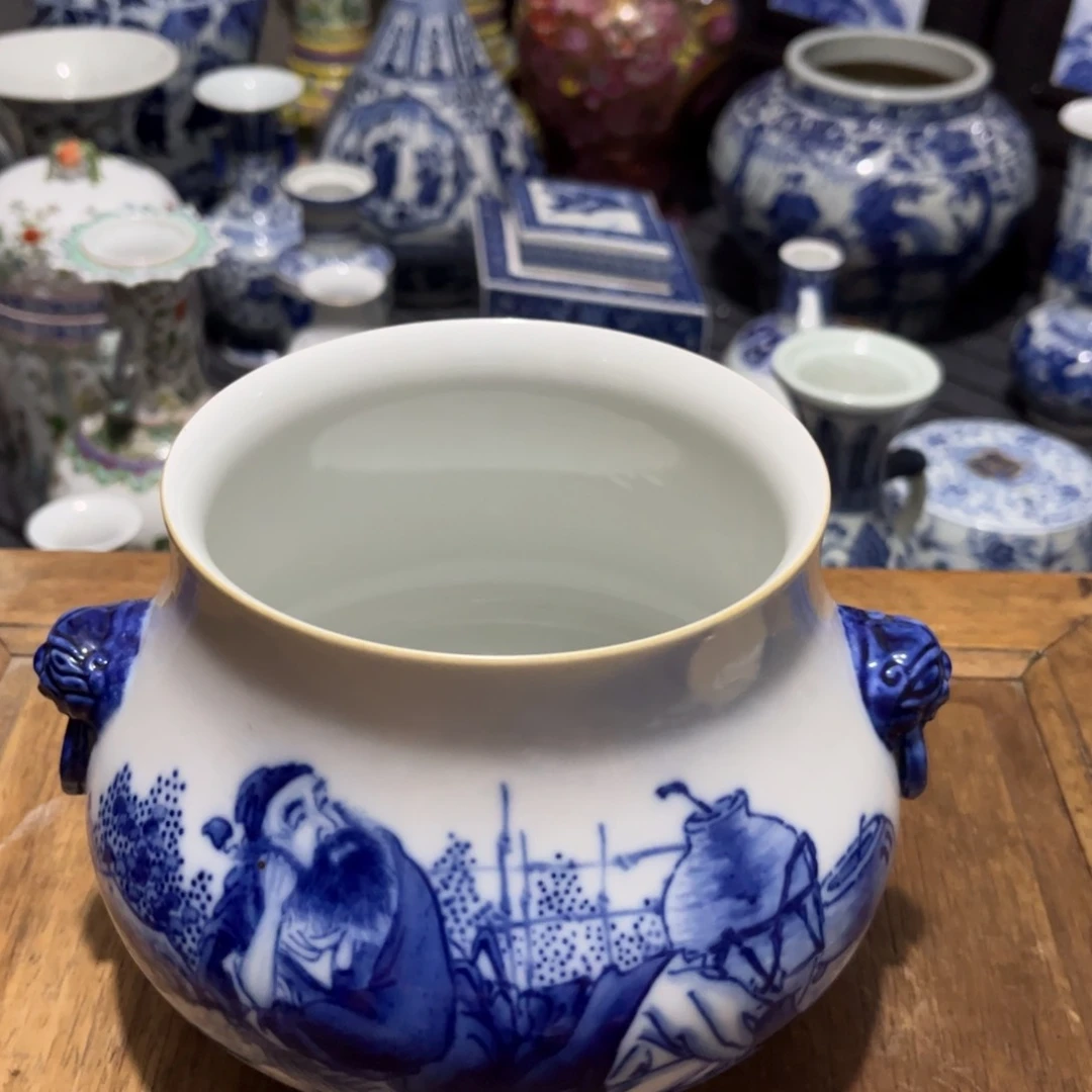 杯子世*青花人物绘片摆件