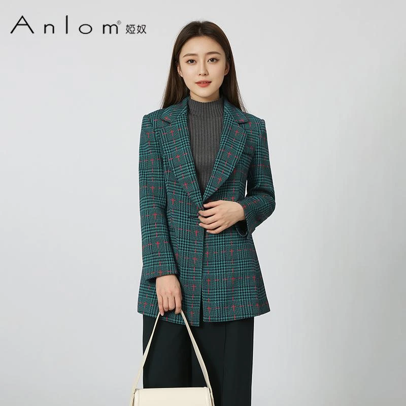 Anlom/娅奴小香风毛呢格子外套女2024新款西装绿修身中长款