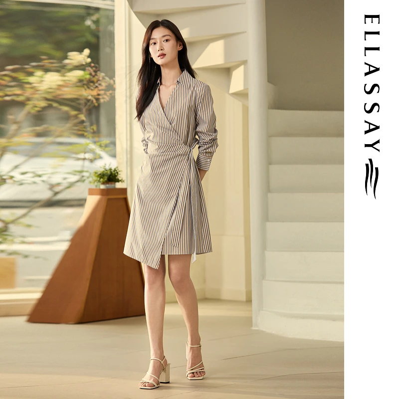 ELLASSAY歌力思2025初秋条纹棉舒适V领收腰连衣裙女EWB363Y00600