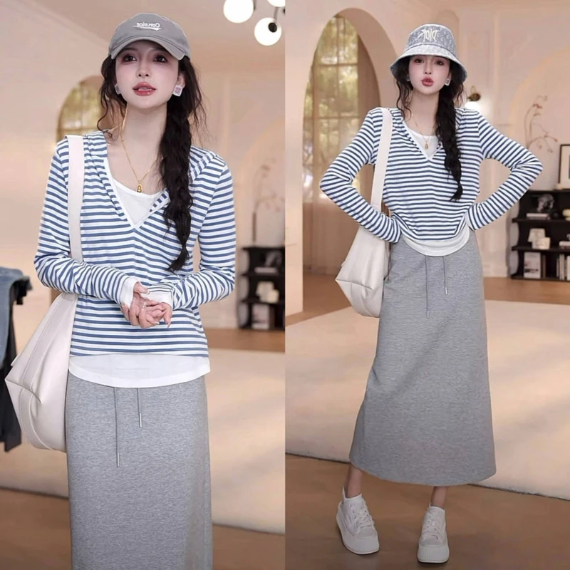春装搭配一整套女装韩系时尚假两件连帽条纹T恤半身裙休闲两件套