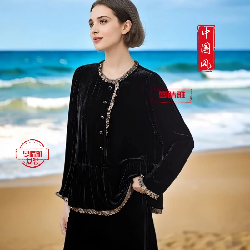 100桑蚕丝春秋长袖卫衣纯色时尚厚度圆领中老年女装纯欲慵懒风