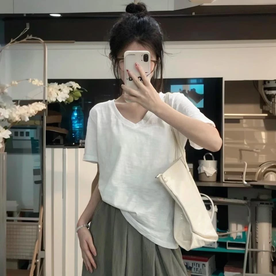 正肩V领棉宽松短袖T恤夏季新款遮肉内搭打底半袖慵懒港风上衣女