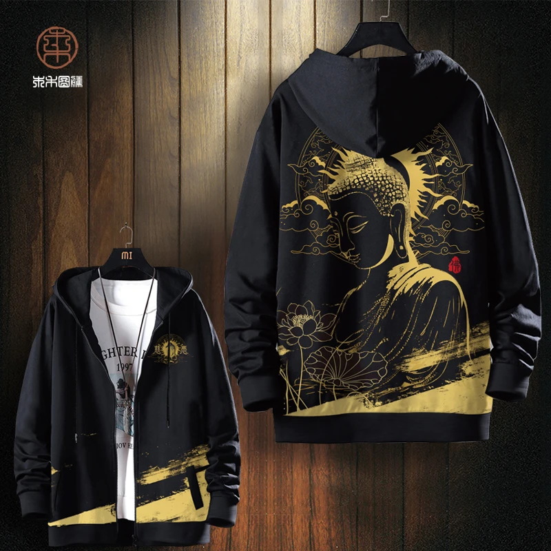ins国潮佛像印花开衫卫衣外套男中国风秋季新款大码加肥拉链上衣
