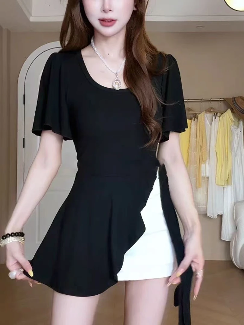 丹姐大码女装V领绑带短袖大码韩系修身显瘦女鱼尾T恤不规则气质风