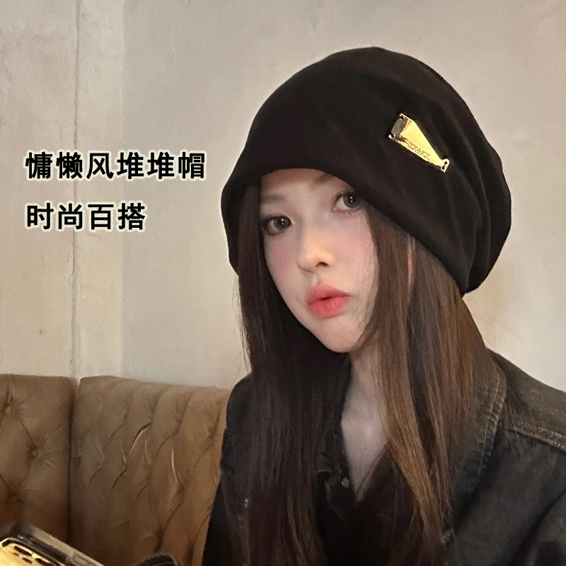 纯色堆堆帽女款秋冬时尚百搭冷帽大头围显脸小月子帽护耳套头帽子