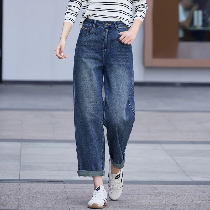 复古蓝牛仔裤女秋装女款爆款2025新款显瘦弯刀裤高腰九分哈伦裤子