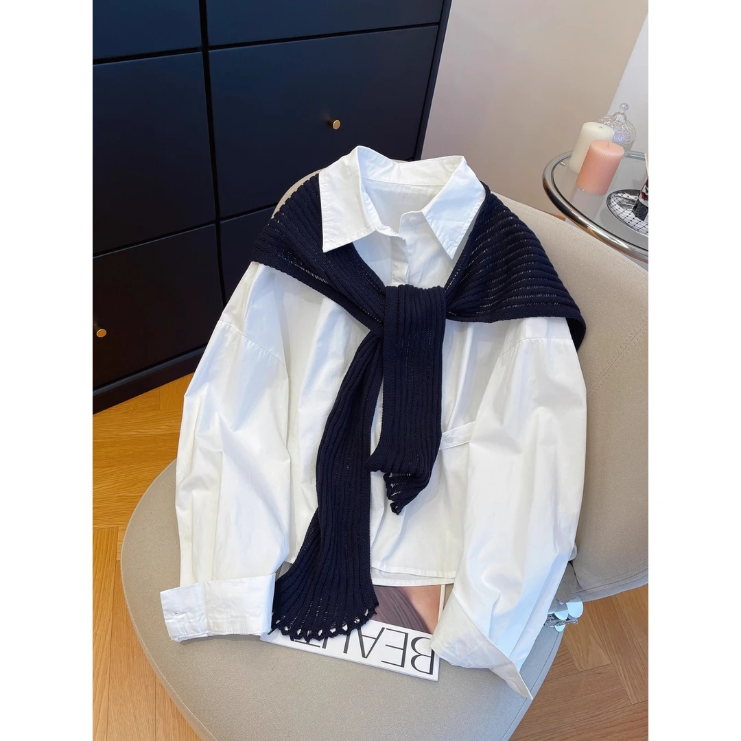 高级氛围感白色披肩衬衫女2025新款韩版宽松气质大版松弛感上衣秋