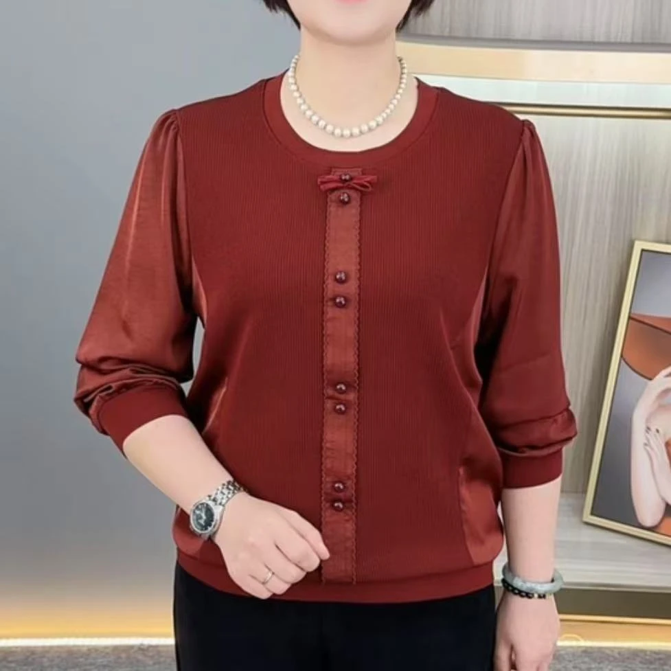 秋季新款时尚圆领中老年气质妈妈装宽松显瘦百搭长袖上衣H24810