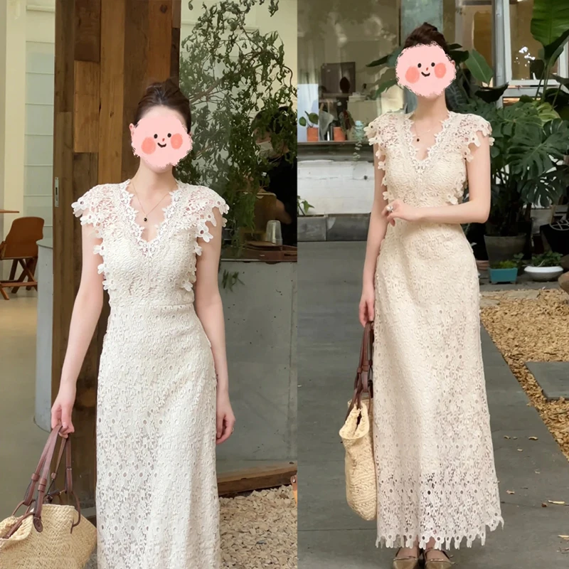 【玫瑰梦境】法式高级感气质显瘦蕾丝鱼尾连衣裙夏季V领轻熟风长裙