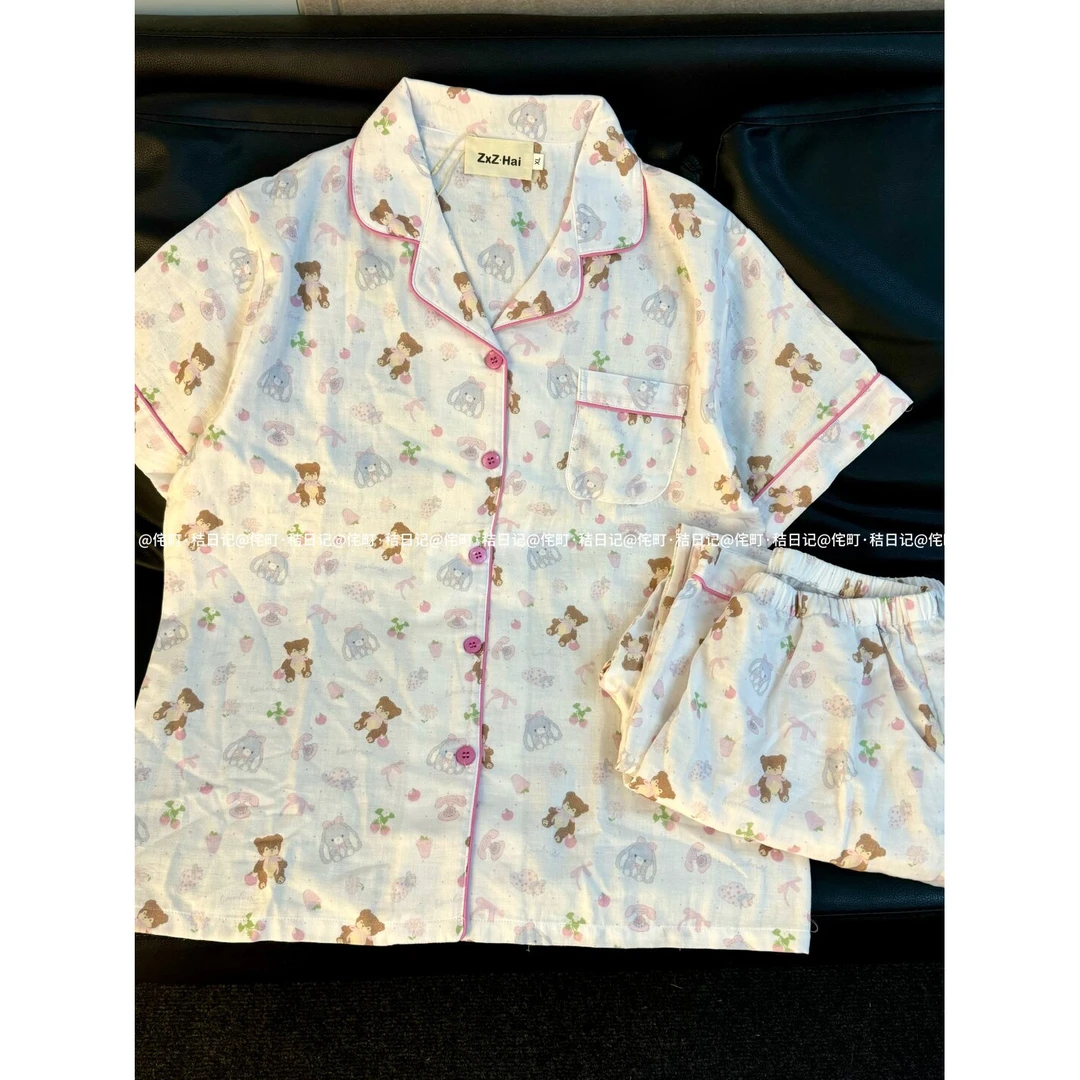 侘町夏季新品草莓泰迪熊纯棉双层棉纱睡衣春夏薄款粉色可爱家居服