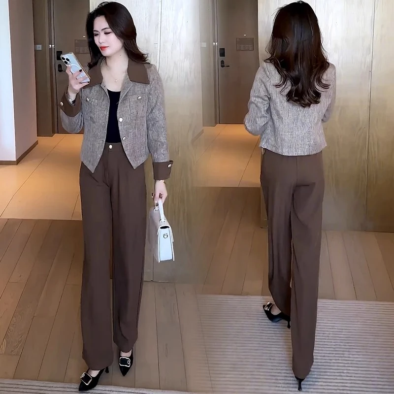 小香风时尚套装女2025春季新款洋气显瘦短款外套阔腿裤减龄两件套