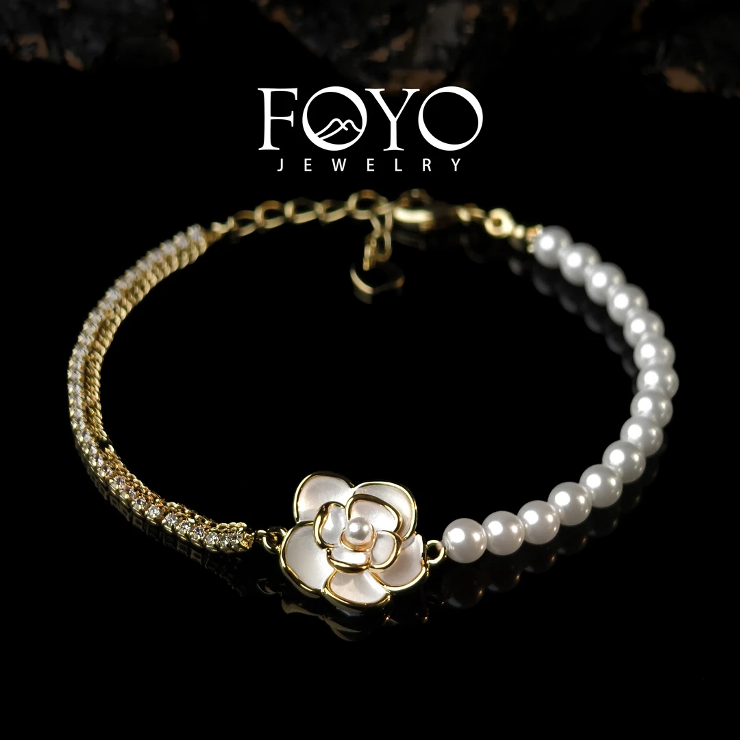 1407★珐琅山茶花珠珠微镶手链 16mm+3mm