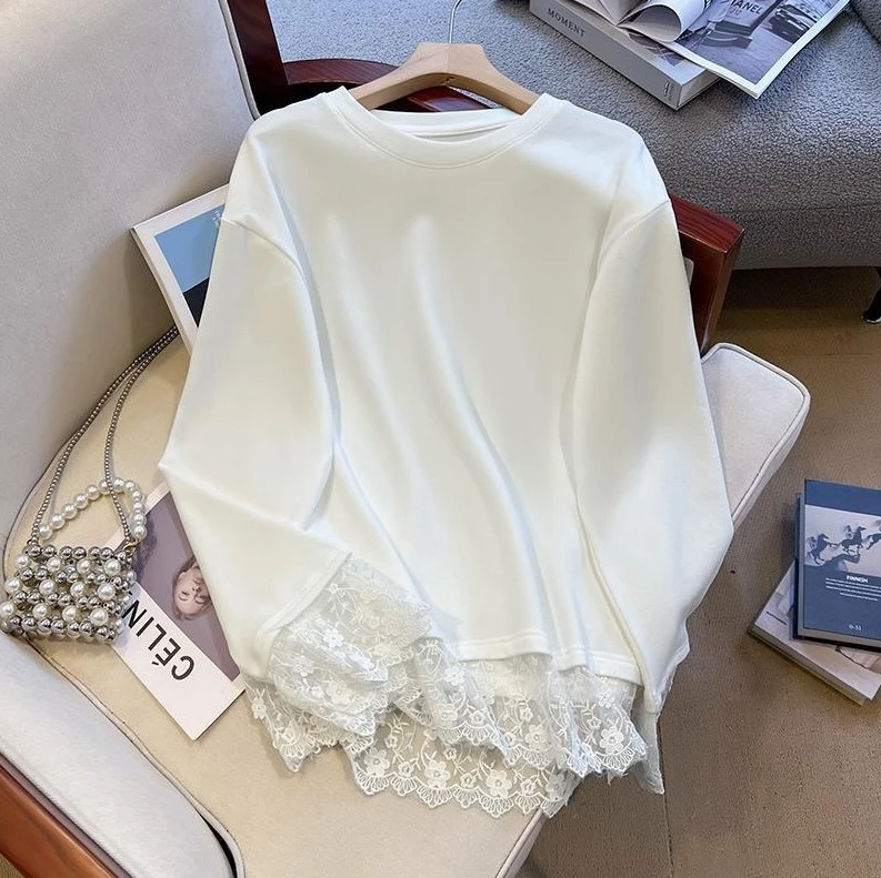 【轻奢气质】冬季新款白色长袖t恤女蕾丝加绒中长内搭打底衫遮屁股
