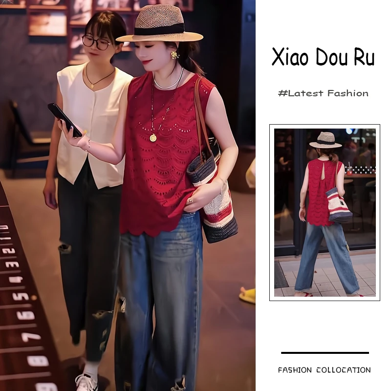 夏季流行穿搭一整套新款2025港式复古风镂空上衣破洞牛仔裤两件套