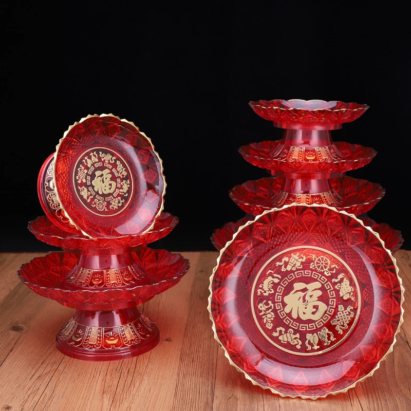 家用加厚水晶塑料果盘贡盘佛前供奉水果盘家用财神供盘莲花贡盘