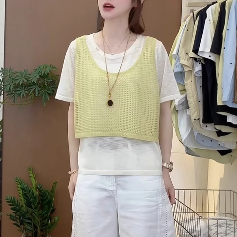 【清仓】宽松镂空假两件上衣2025夏季胖MM大码女装时尚洋气薄款