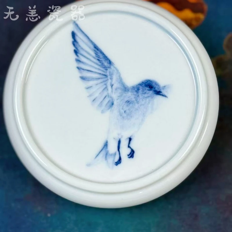 景德镇纯手工青花花鸟盖置文玩探宝陶瓷圆形茶道全手工
