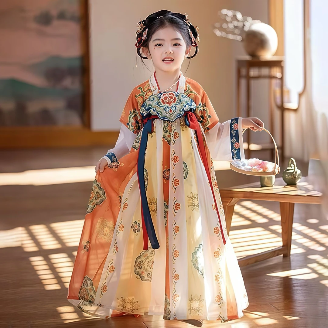 新款春夏高端薄款女童汉服敦煌唐制中大童超仙连衣裙古风绣花