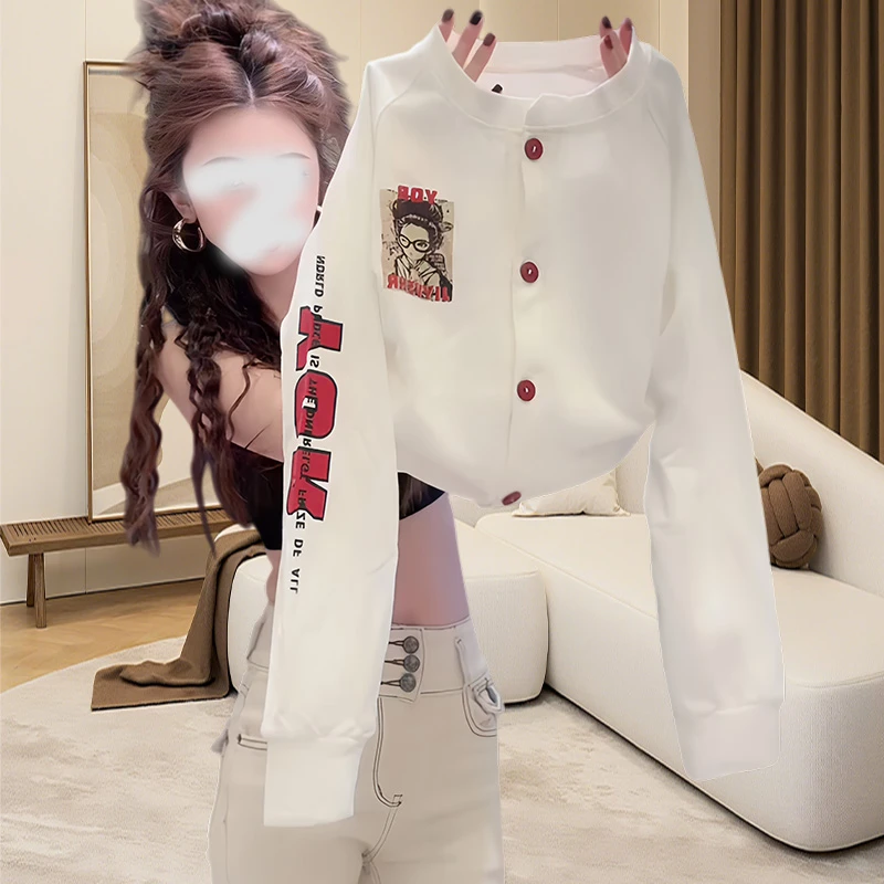 字母印花卡通纽扣长袖短外套女欧货秋冬新款宽松休闲时尚洋气上衣