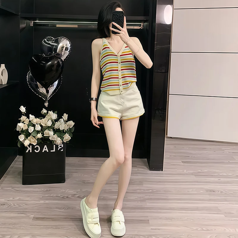 设计感洋气套装女2025年夏季新款撞色条纹背心上衣高腰短裤两件套
