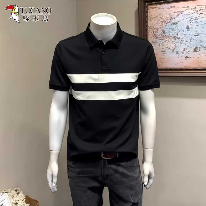啄木鸟夏季男款轻奢条纹拼色短袖polo衫潮流休闲冰丝凉感半袖T恤