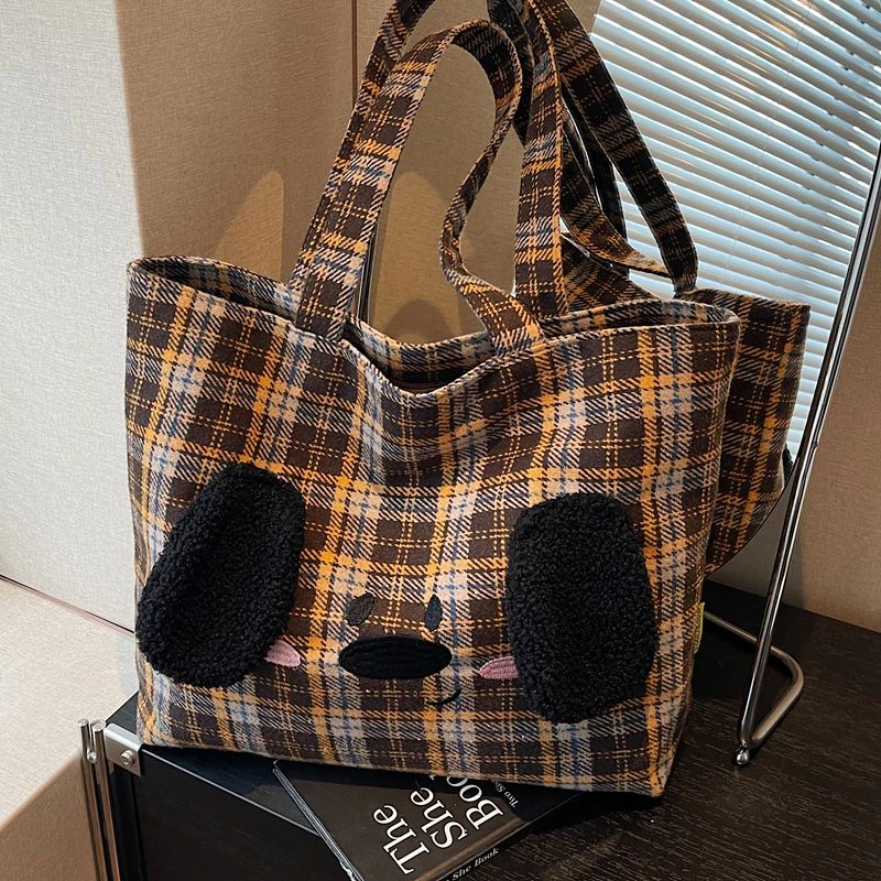 休闲大容量毛呢包包女2025新款通勤百搭单肩包流行格子手提托特包