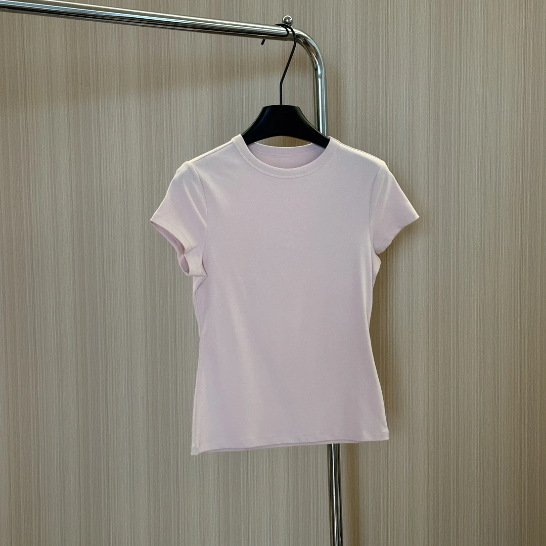 WMM小板型浅粉色短袖T恤修身女士纯色圆领套头百搭时尚弹力夏季