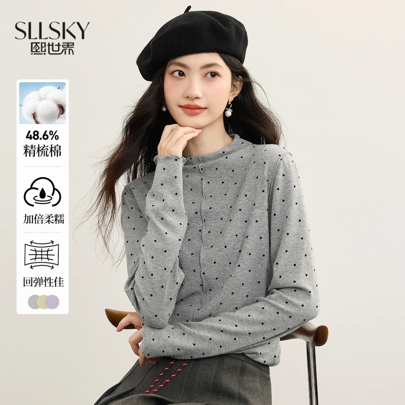 1B3LT047熙世界植绒波点半高领T恤秋冬修身内搭打底衫长袖上衣
