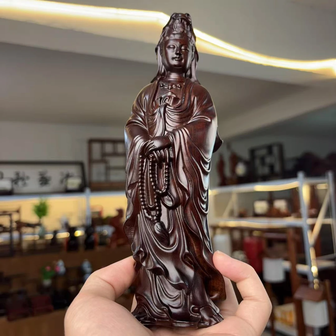 黑檀观音桌面摆件客厅办公室中式木雕工艺品 23公分