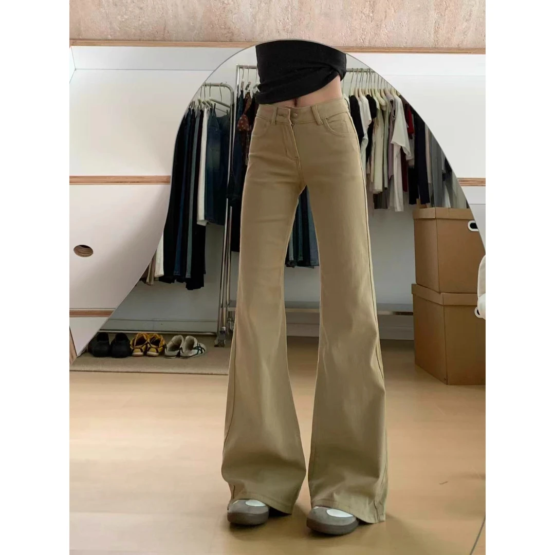 卡其色低腰微喇叭牛仔裤女秋季新款大码胖mm美式显瘦小个子马蹄裤