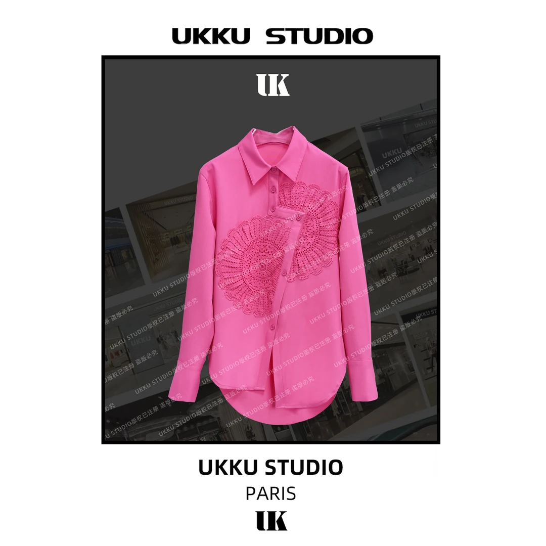 DD【UKKUSTUDIO】早春设计感重工钩花拼不规则下摆衬衫913439