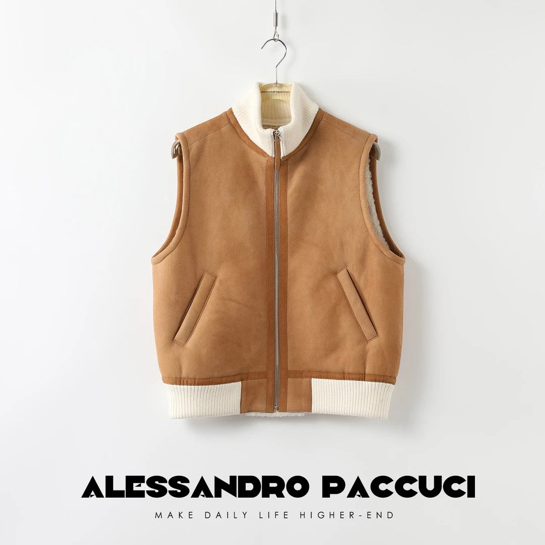 AP洛哥24812X麂面羊皮毛 叠搭微阔马甲皮草