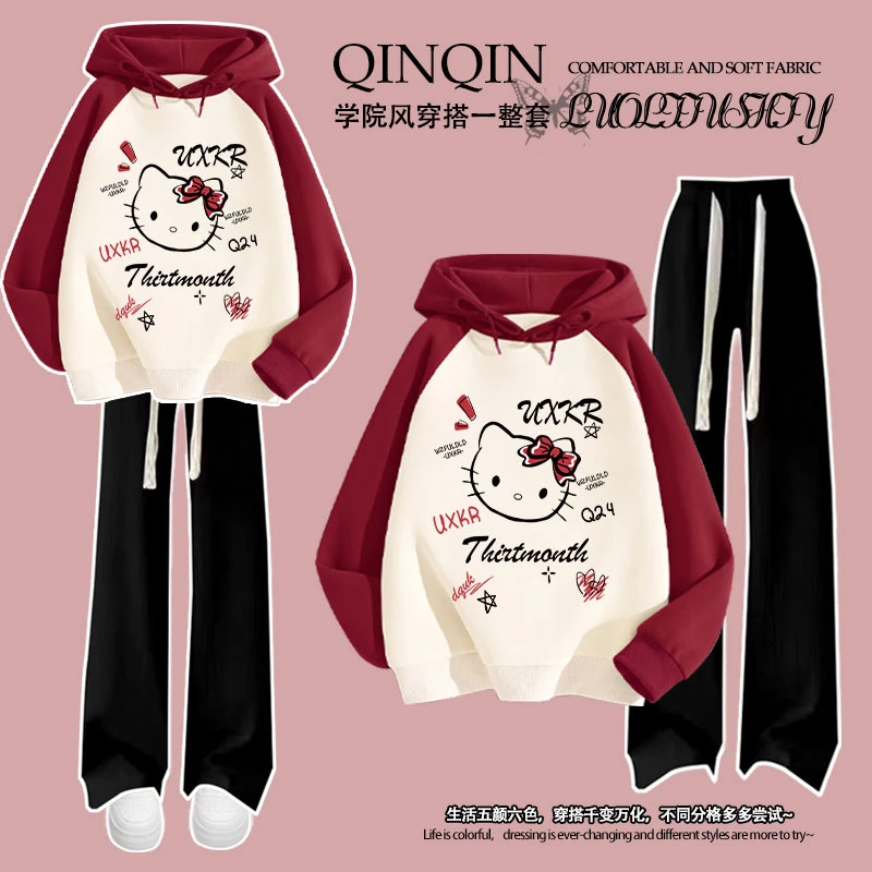 秋冬季女童新款洋气卡通猫咪印花加绒插肩连帽卫衣长裤两件套装潮